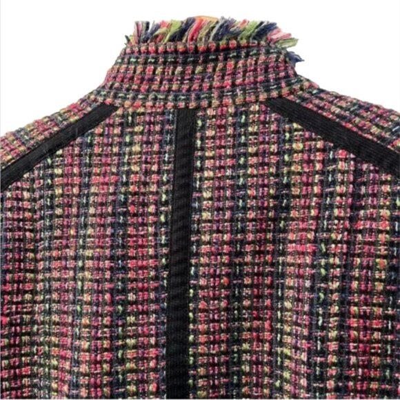 Y2K Womens Tweed Multicolor Boucle Blazer Jacket Military Style Navy Pink XS - Picture 4 of 9